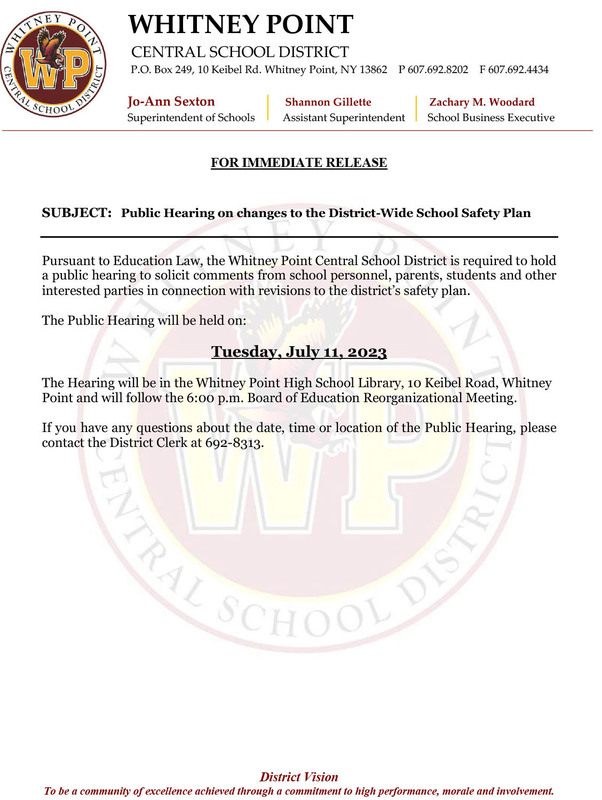 Public Hearing on Changes to the DistrictWide School Safety Plan to be